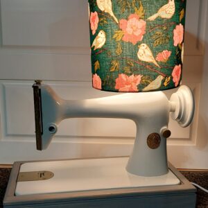 Custom sewing machine lamp painted white with floral shade